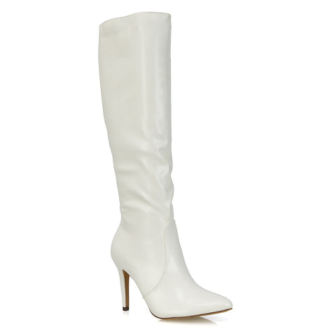 Bree Pointed Toe Zip-up Stiletto Heel Knee High Boots in White Synthetic Leather