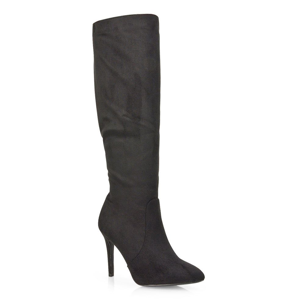 Savvy Pointed Toe Long Knee High Stiletto Heeled Boots in Black Faux Suede