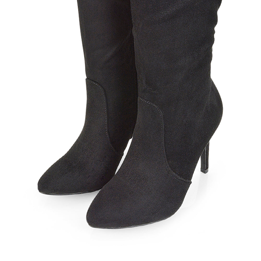 Savvy Pointed Toe Long Knee High Stiletto Heeled Boots in Black Faux Suede