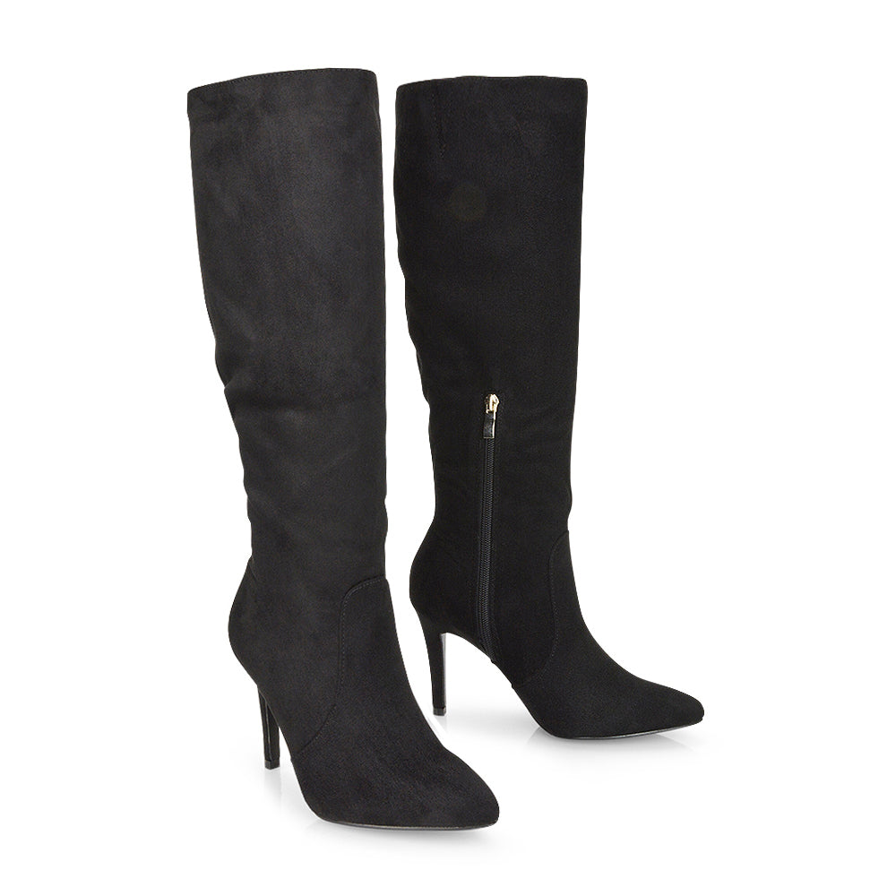 Savvy Pointed Toe Long Knee High Stiletto Heeled Boots in Black Faux Suede