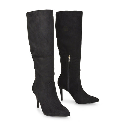 Savvy Pointed Toe Long Knee High Stiletto Heeled Boots in Navy Faux Suede