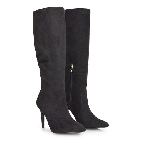 Savvy Pointed Toe Long Knee High Stiletto Heeled Boots in Black Faux Suede