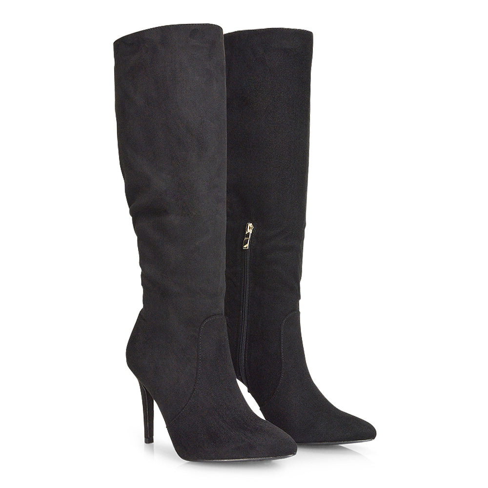 Savvy Pointed Toe Long Knee High Stiletto Heeled Boots in Navy Faux Suede