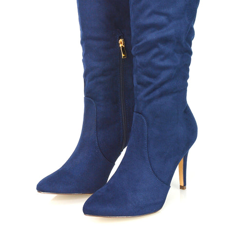 Savvy Pointed Toe Long Knee High Stiletto Heeled Boots in Navy Faux Suede