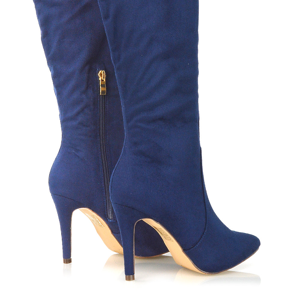 Savvy Pointed Toe Long Knee High Stiletto Heeled Boots in Navy Faux Suede