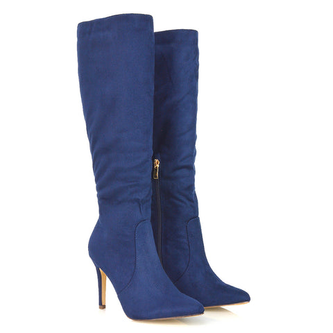 Savvy Pointed Toe Long Knee High Stiletto Heeled Boots in Navy Faux Suede