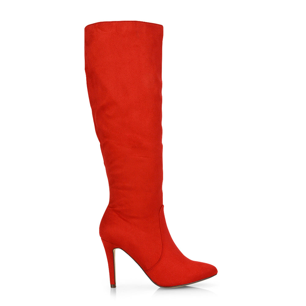 Savvy Pointed Toe Long Knee High Stiletto Heeled Boots in Red Faux Suede