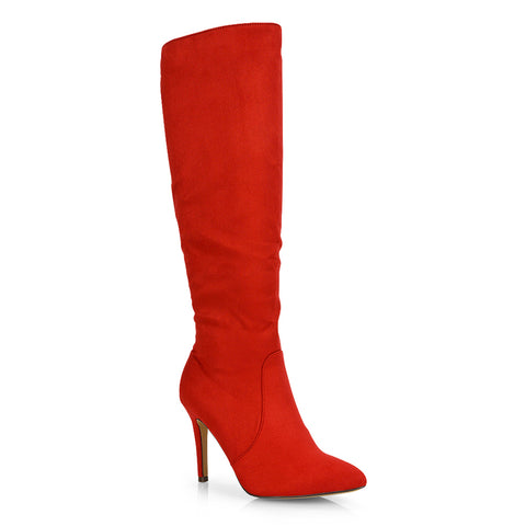 Savvy Pointed Toe Long Knee High Stiletto Heeled Boots in Red Faux Suede