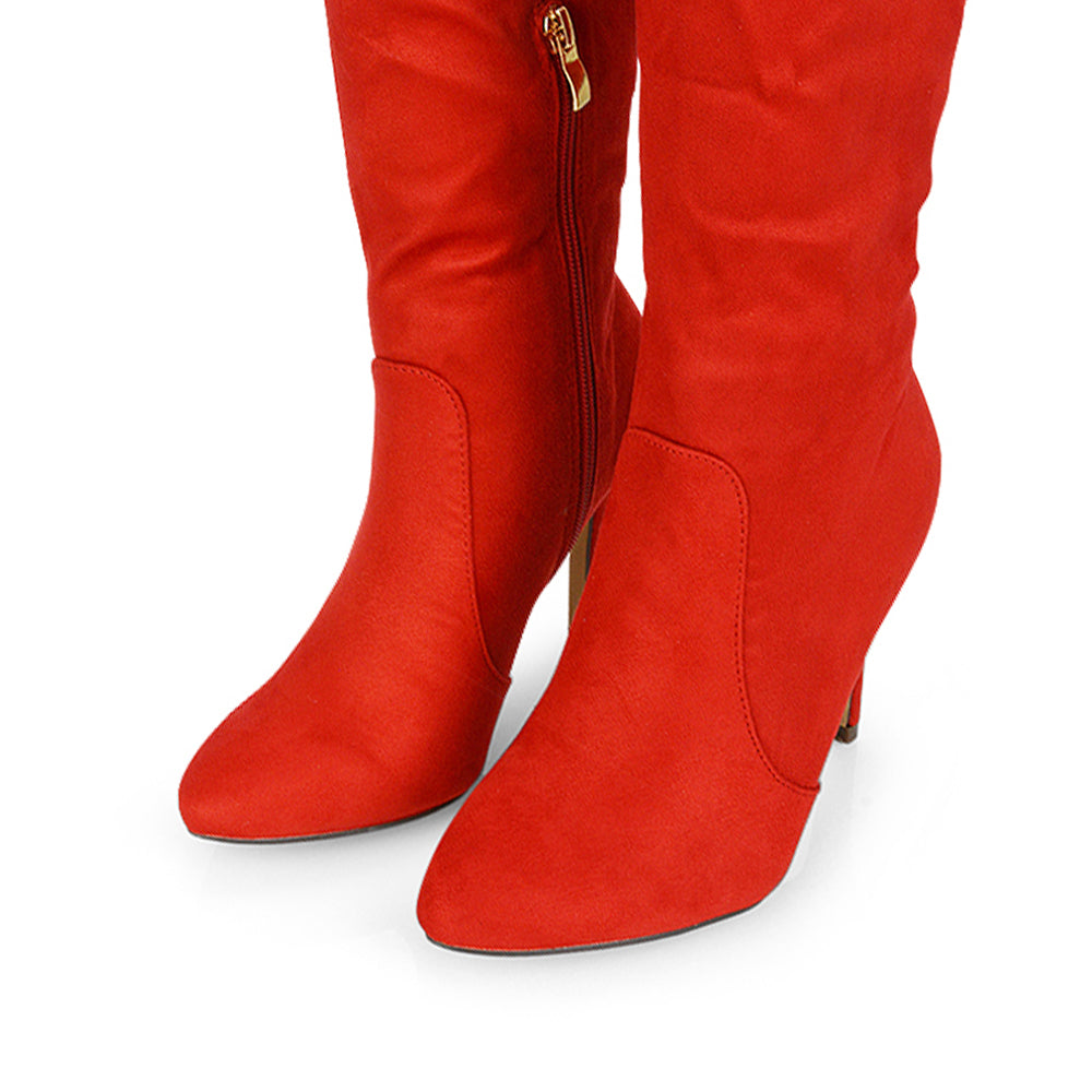 Savvy Pointed Toe Long Knee High Stiletto Heeled Boots in Red Faux Suede