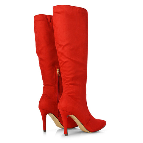 Savvy Pointed Toe Long Knee High Stiletto Heeled Boots in Red Faux Suede