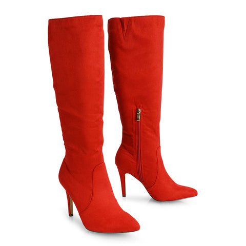Savvy Pointed Toe Long Knee High Stiletto Heeled Boots in Red Faux Suede