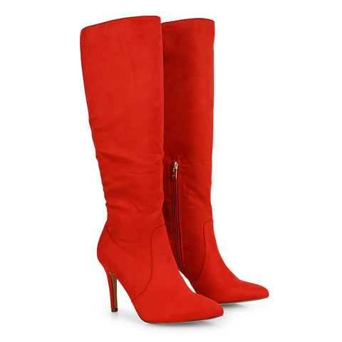 Savvy Pointed Toe Long Knee High Stiletto Heeled Boots in Red Faux Suede