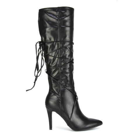 Rebel Pointed Toe Stiletto High Heeled Lace Up Knee High Long Boots in Black Synthetic Leather