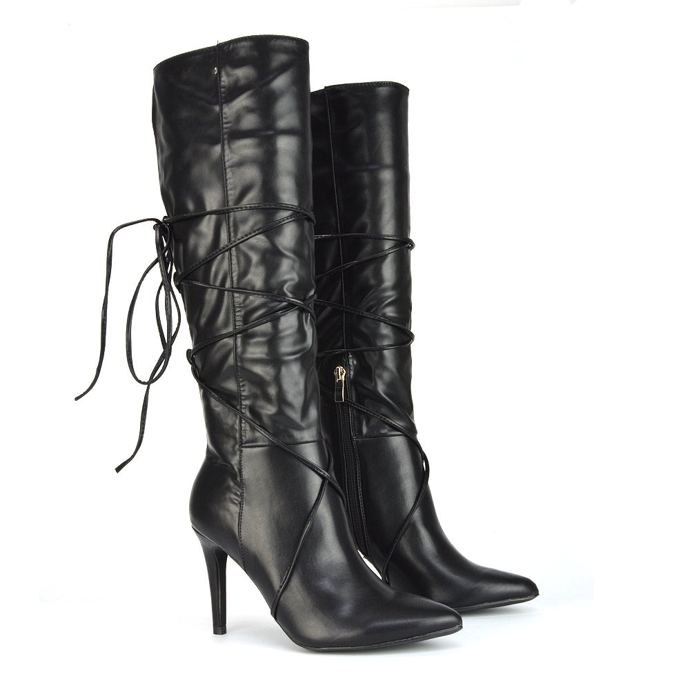 Rebel Pointed Toe Stiletto High Heeled Lace Up Knee High Long Boots in Black Synthetic Leather