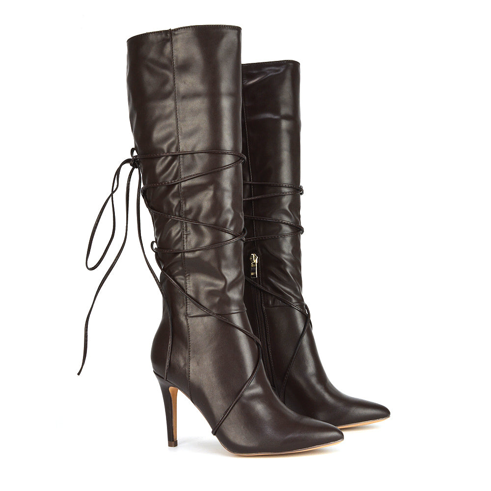Rebel Pointed Toe Stiletto High Heeled Lace Up Knee High Long Boots in Brown Synthetic Leather
