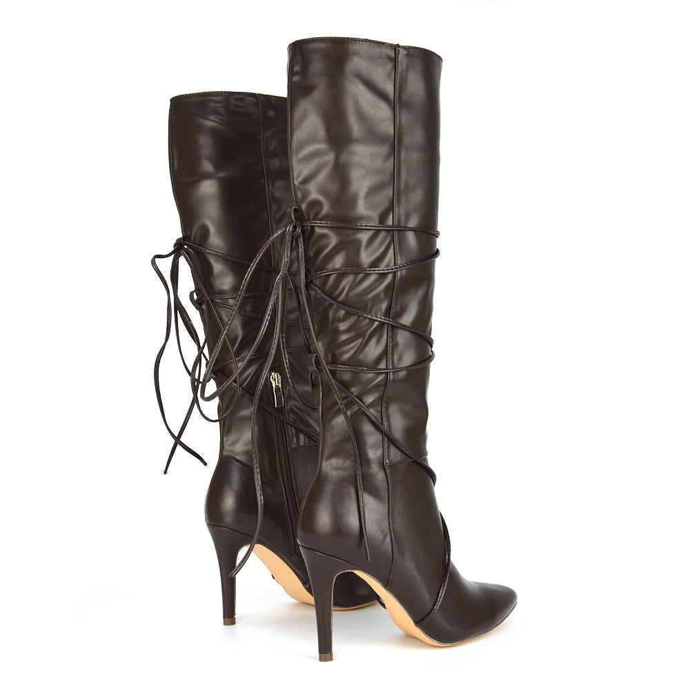 Rebel Pointed Toe Stiletto High Heeled Lace Up Knee High Long Boots in Black Synthetic Leather