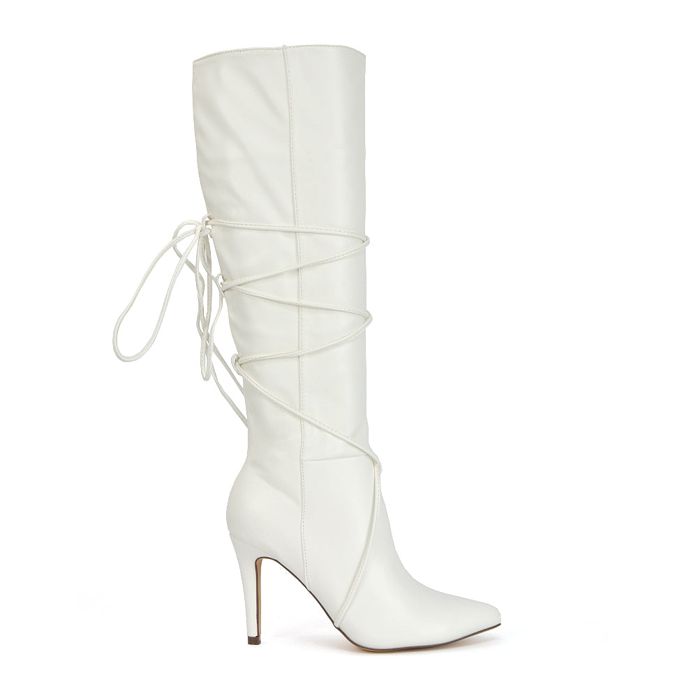 Rebel Pointed Toe Stiletto High Heeled Lace Up Knee High Long Boots in White Synthetic Leather