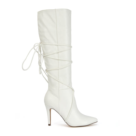 Rebel Pointed Toe Stiletto High Heeled Lace Up Knee High Long Boots in White Synthetic Leather