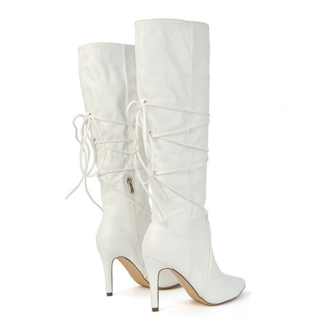 Rebel Pointed Toe Stiletto High Heeled Lace Up Knee High Long Boots in White Synthetic Leather
