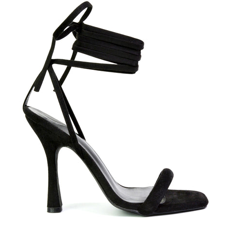 Caryn Faux Suede Lace Up Square Toe Strappy Stiletto High Heels in Black