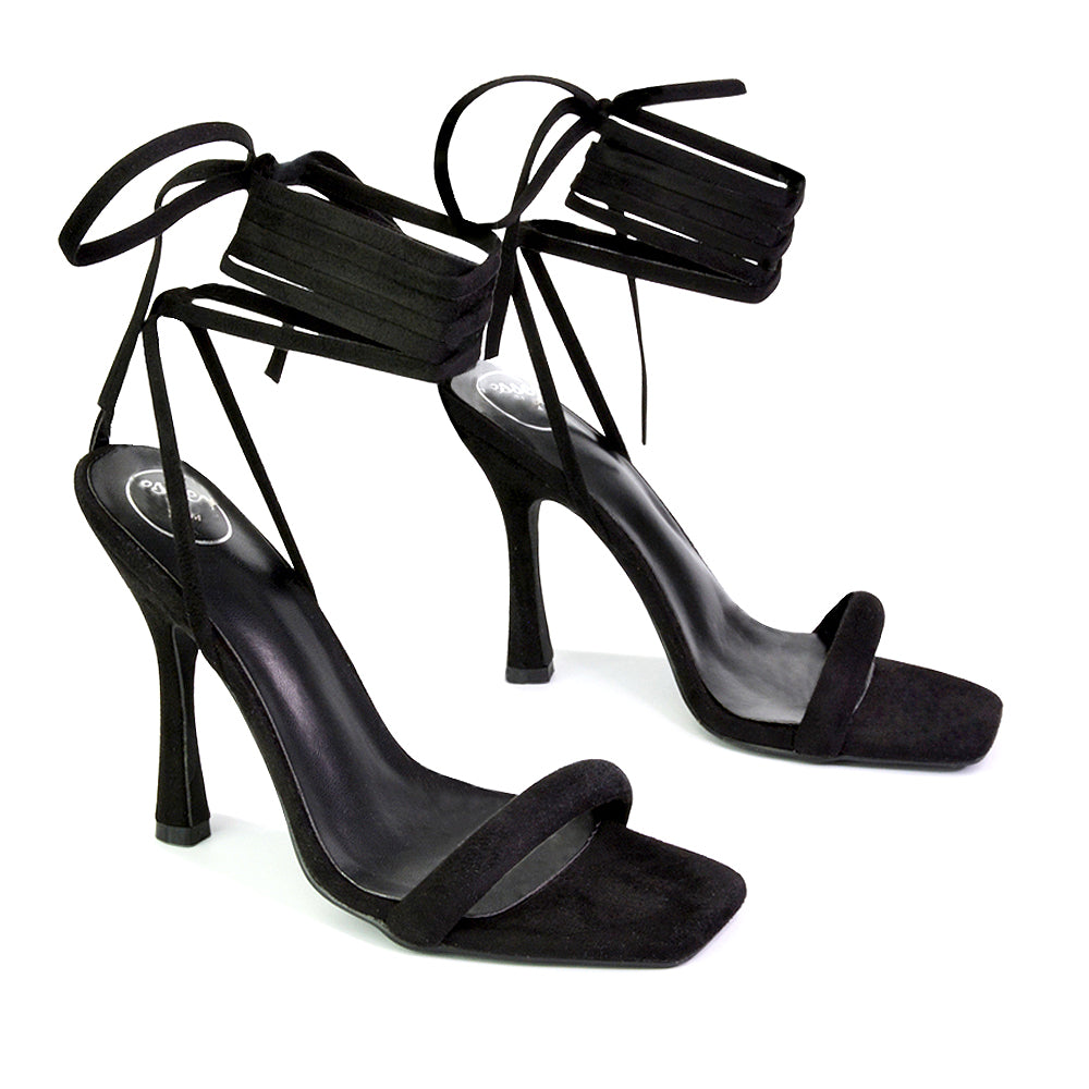 Caryn Faux Suede Lace Up Square Toe Strappy Stiletto High Heels in Black