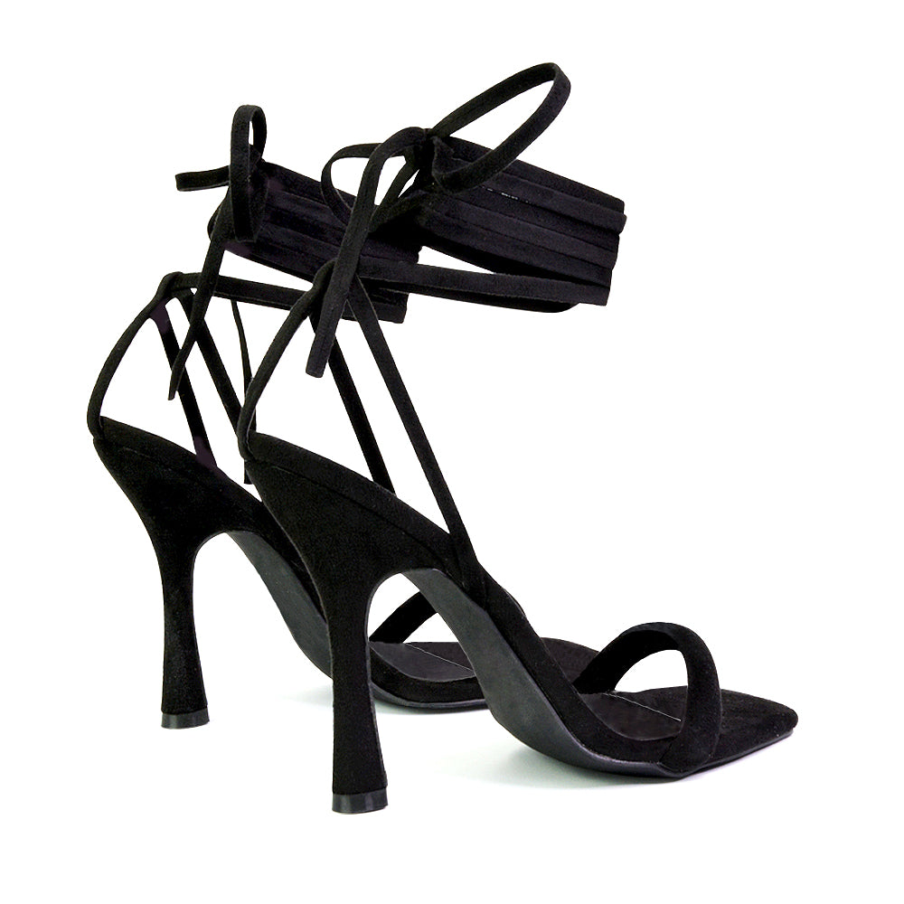 Caryn Faux Suede Lace Up Square Toe Strappy Stiletto High Heels in Black