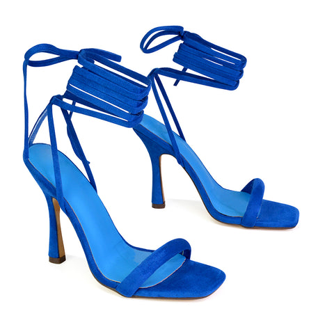 Caryn Faux Suede Lace Up Square Toe Strappy Stiletto High Heels in Blue