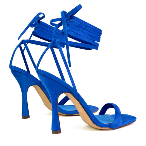 Caryn Faux Suede Lace Up Square Toe Strappy Stiletto High Heels in Blue