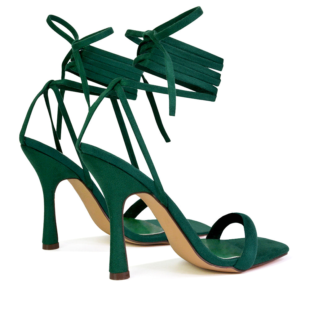 Caryn Faux Suede Lace Up Square Toe Strappy Stiletto High Heels in Green