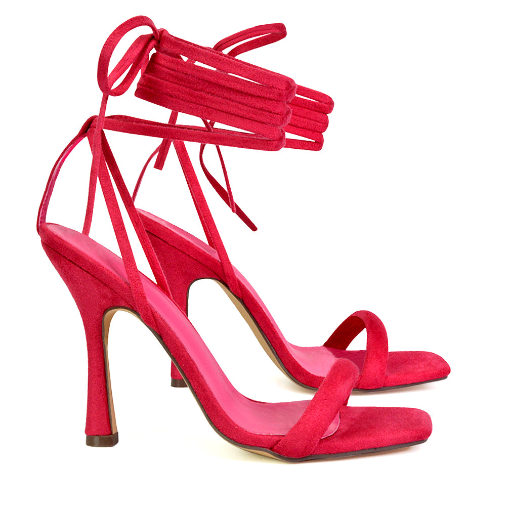Caryn Faux Suede Lace Up Square Toe Strappy Stiletto High Heels in Hot Pink