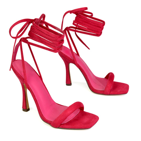 Caryn Faux Suede Lace Up Square Toe Strappy Stiletto High Heels in Hot Pink