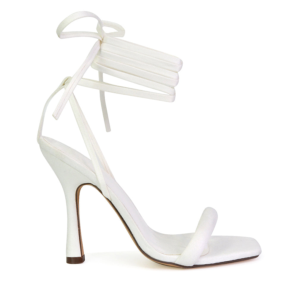 Caryn Faux Suede Lace Up Square Toe Strappy Stiletto High Heels in White