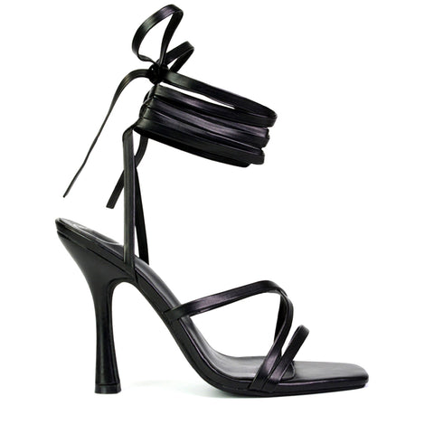 Kyra Lace Up High Heel Stilettos Sandals with Square Toe in Black