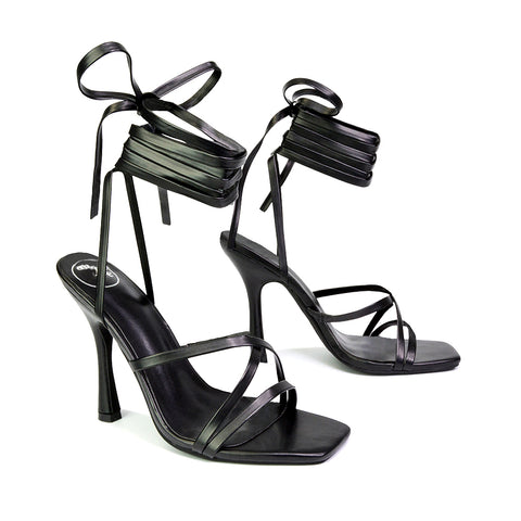 Kyra Lace Up High Heel Stilettos Sandals with Square Toe in Green