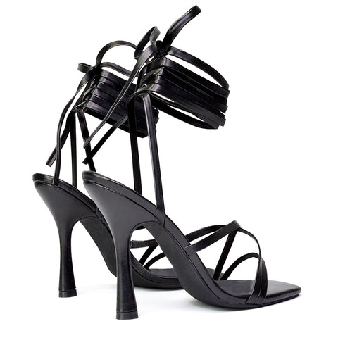 Kyra Lace Up High Heel Stilettos Sandals with Square Toe in Black