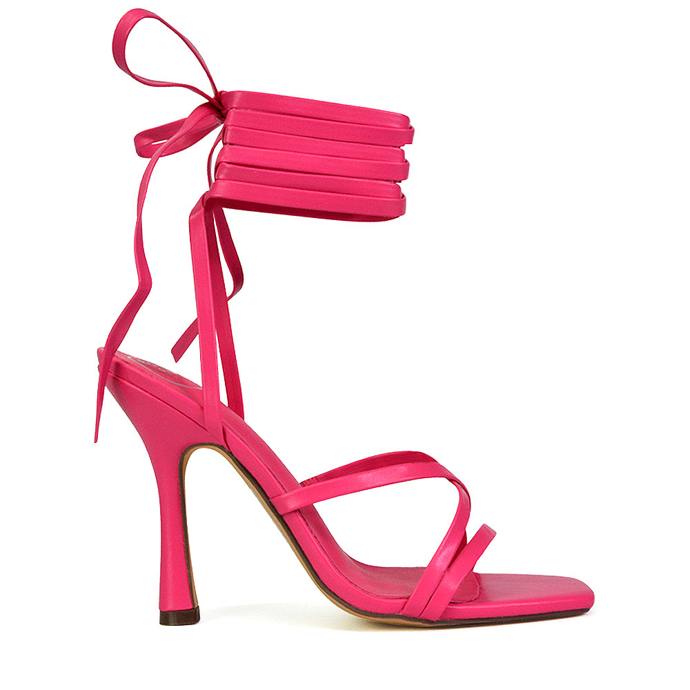 Kyra Lace Up High Heel Stilettos Sandals with Square Toe in Fuchsia