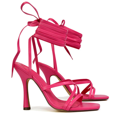 Kyra Lace Up High Heel Stilettos Sandals with Square Toe in Fuchsia