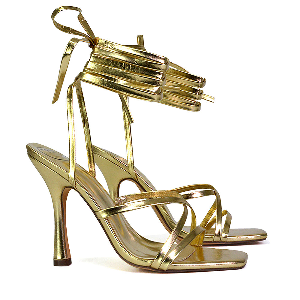 Kyra Lace Up High Heel Stilettos Sandals with Square Toe in Gold