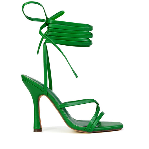 Kyra Lace Up High Heel Stilettos Sandals with Square Toe in Green