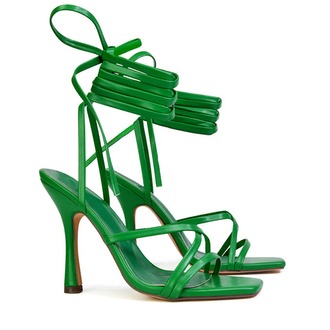 Kyra Lace Up High Heel Stilettos Sandals with Square Toe in Green