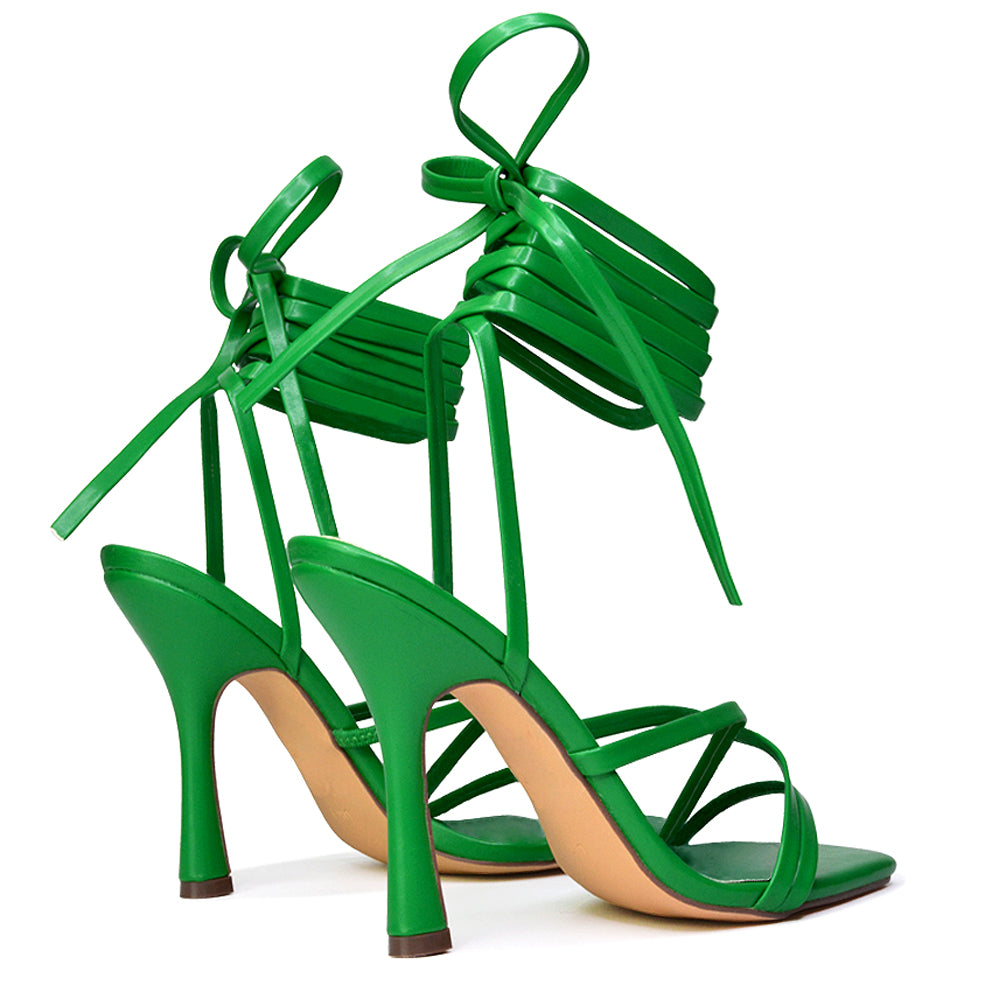 Kyra Lace Up High Heel Stilettos Sandals with Square Toe in Green