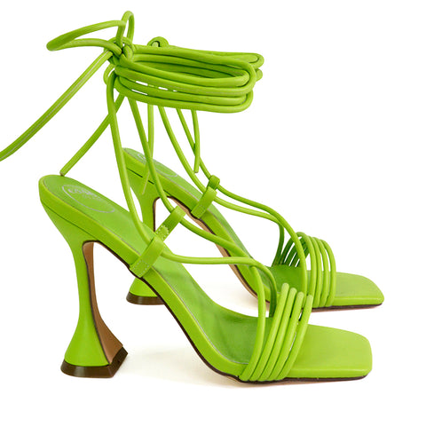 Axel Strappy Lace Up Square Toe Block Sculptured Heels in Green