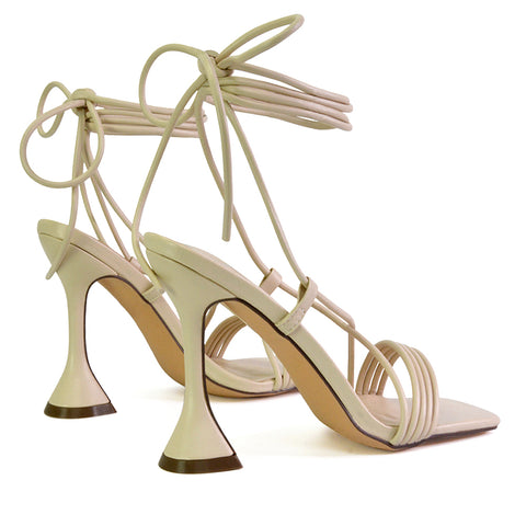 Axel Strappy Lace Up Square Toe Block Sculptured Heels in Pink