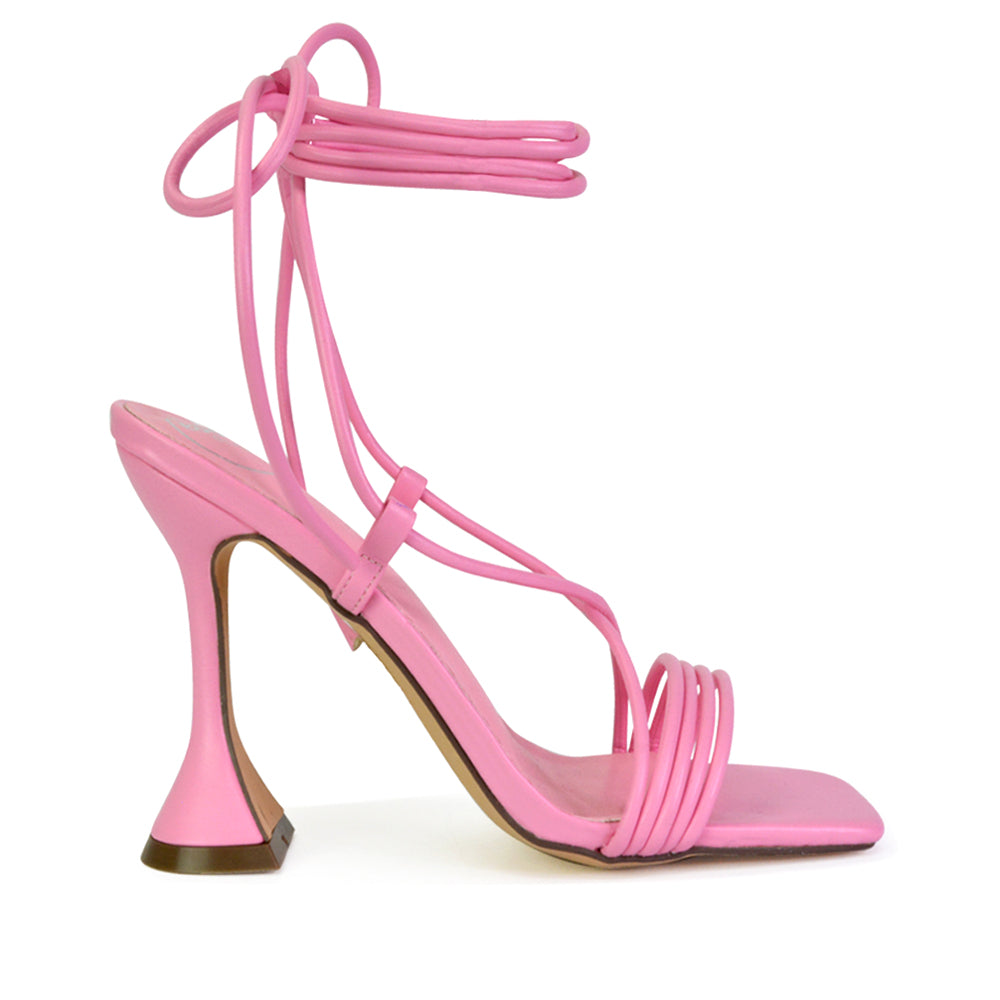 Axel Strappy Lace Up Square Toe Block Sculptured Heels in Pink