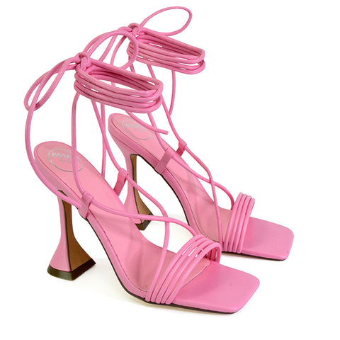 Axel Strappy Lace Up Square Toe Block Sculptured Heels in Nude