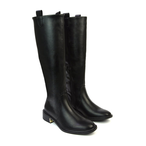 Prince Winter Flat Knee High Boots With Inside Zip in Brown Synthetic Leather