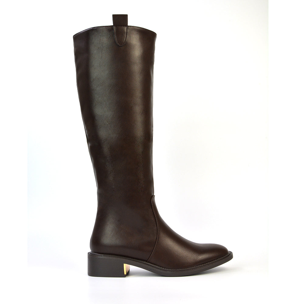 Prince Winter Flat Knee High Boots With Inside Zip in Brown Synthetic Leather