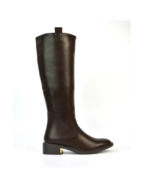 PRINCE WINTER FLAT KNEE HIGH BOOTS WITH INSIDE ZIP IN BLACK SYNTHETIC LEATHER