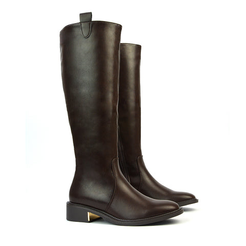 Prince Winter Flat Knee High Boots With Inside Zip in Brown Synthetic Leather