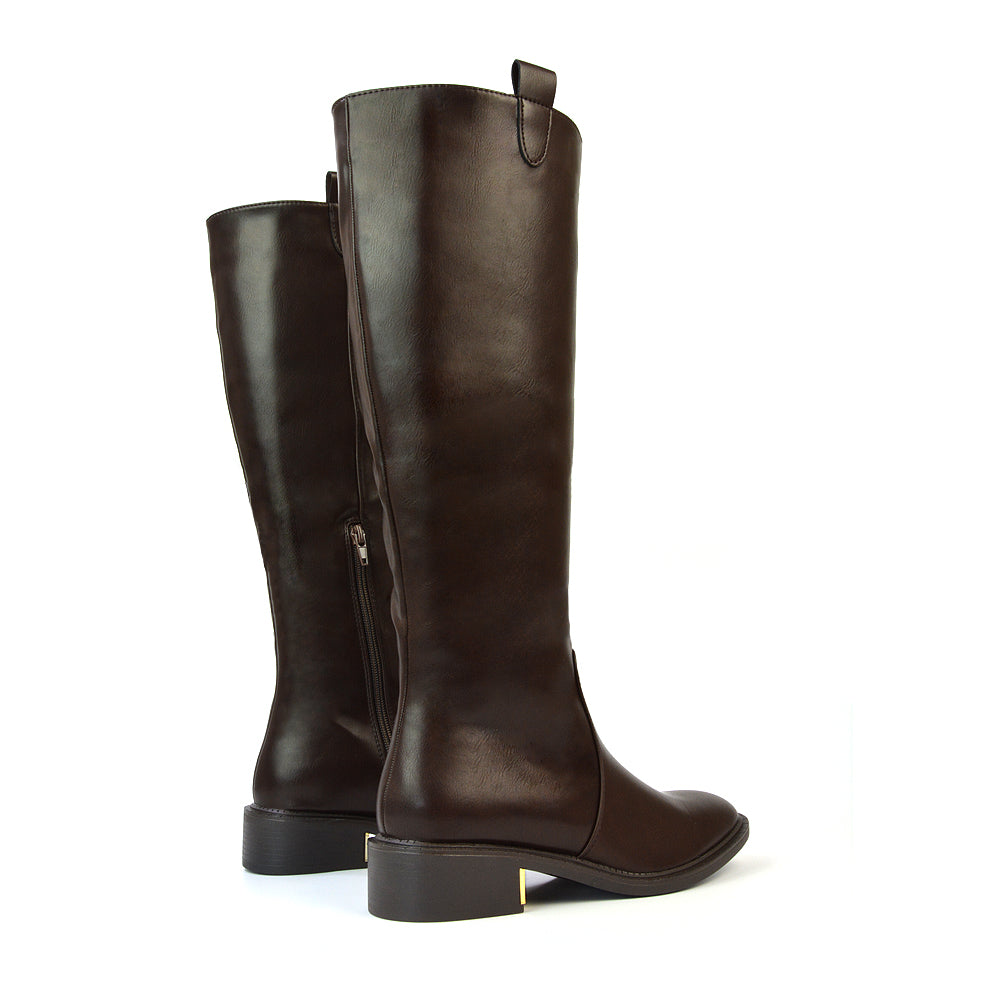 Prince Winter Flat Knee High Boots With Inside Zip in Brown Synthetic Leather